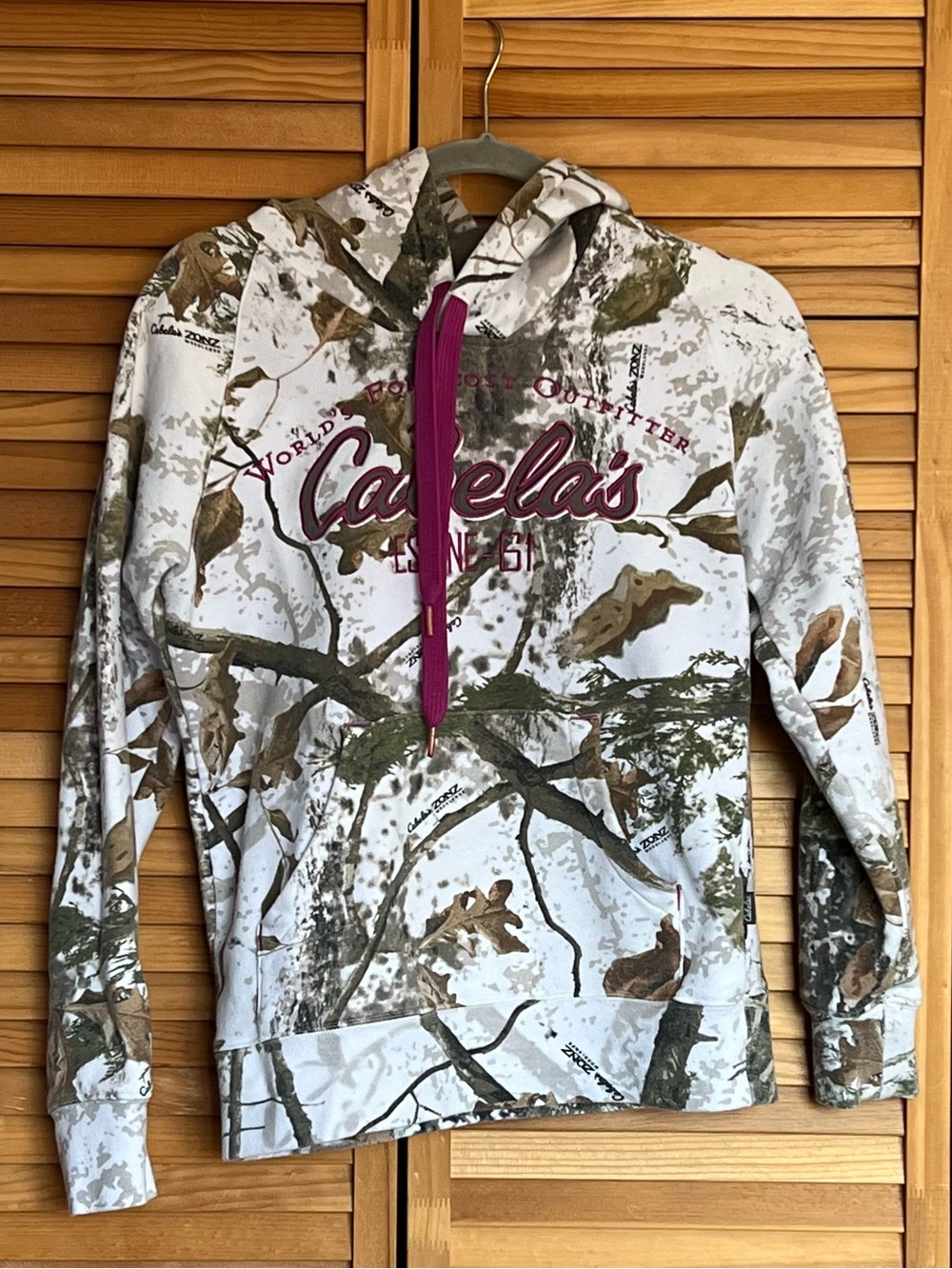 Cabela's Snow Camo Hoodie with Pink Drawstring